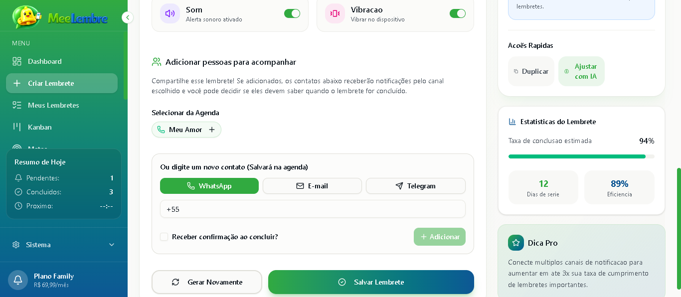 Dashboard de compartilhamento de lembretes
