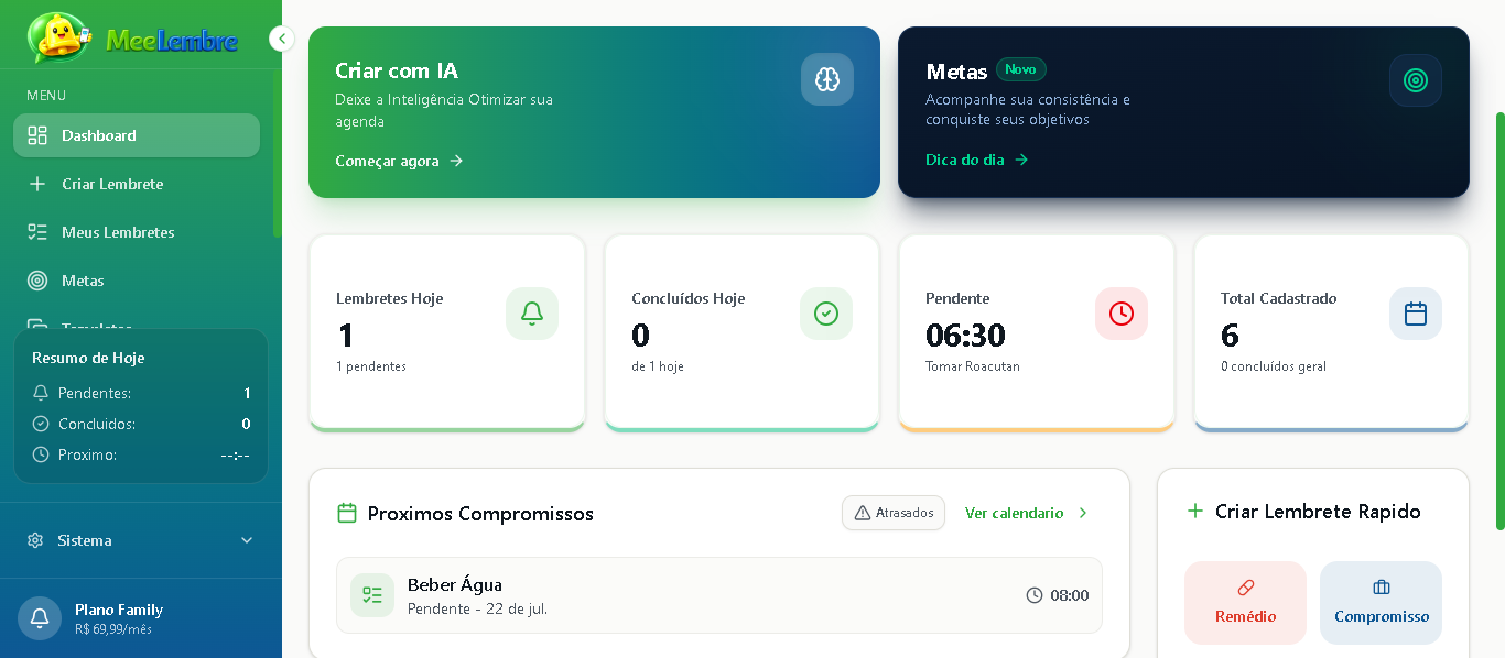 Dashboard completo do MeeLembre